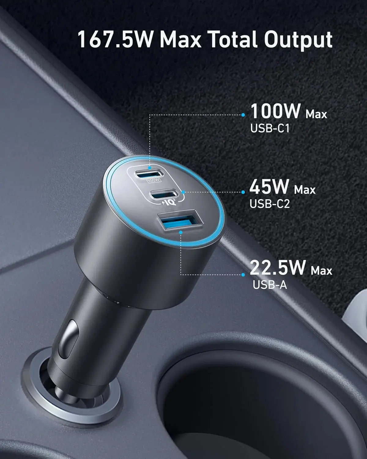 Anker Nano 167.5W Fast Car Charger with 3 Ports in Black – Doha Qatar