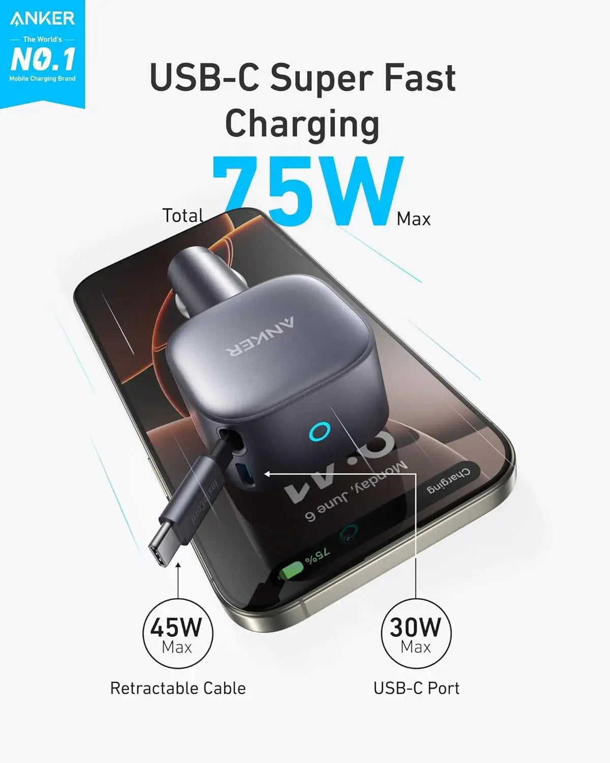 Anker Nano 75W Car Charger A2738HA1 with Retractable USB-C Cable for Fast Charging in Doha Qatar