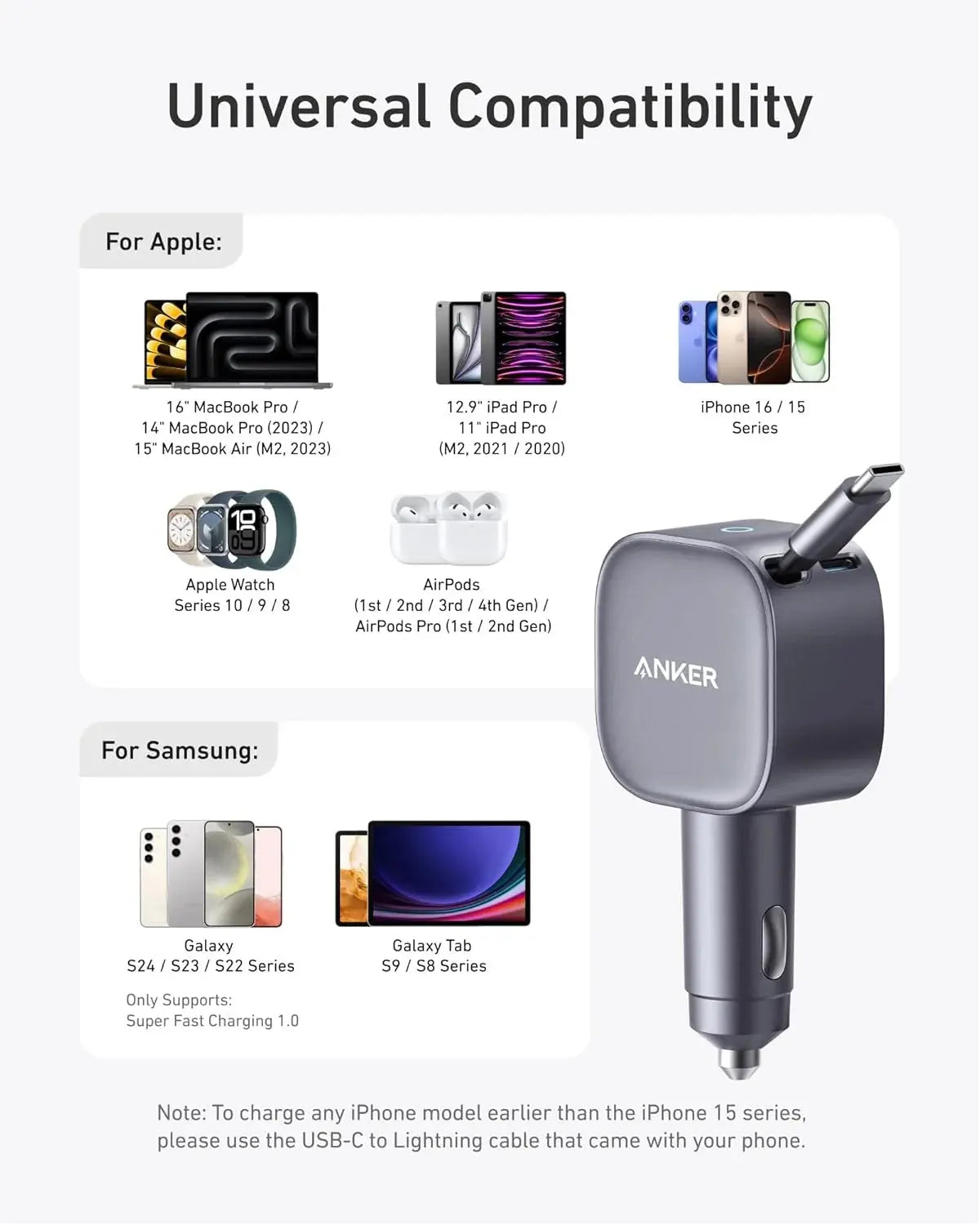 Anker Nano 75W Car Charger A2738HA1 with Retractable USB-C Cable for Fast Charging in Doha Qatar