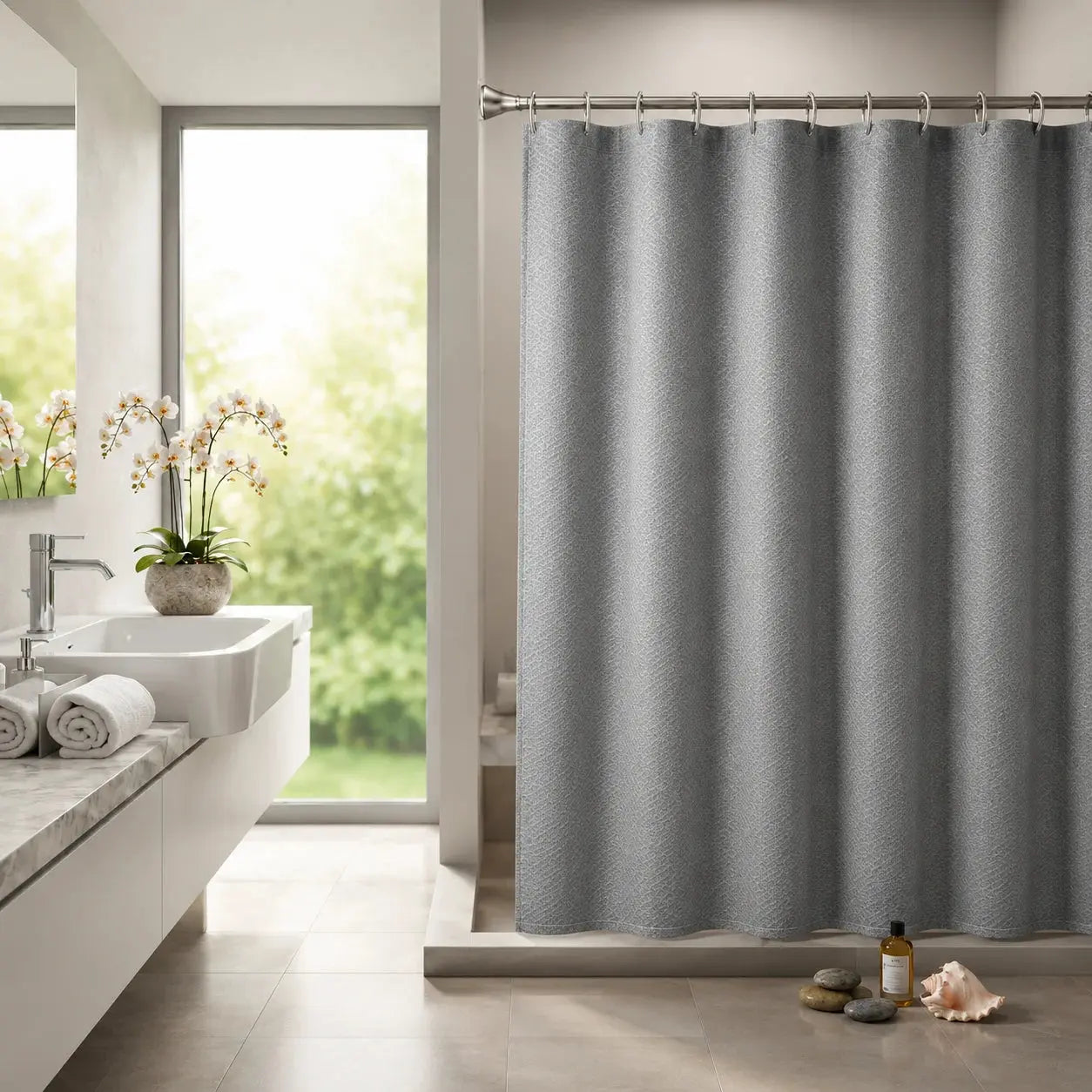 Bathroom Shower Curtain -Waterproof Textured Fabric with Hanging Rings Scrollcart Qatar 
