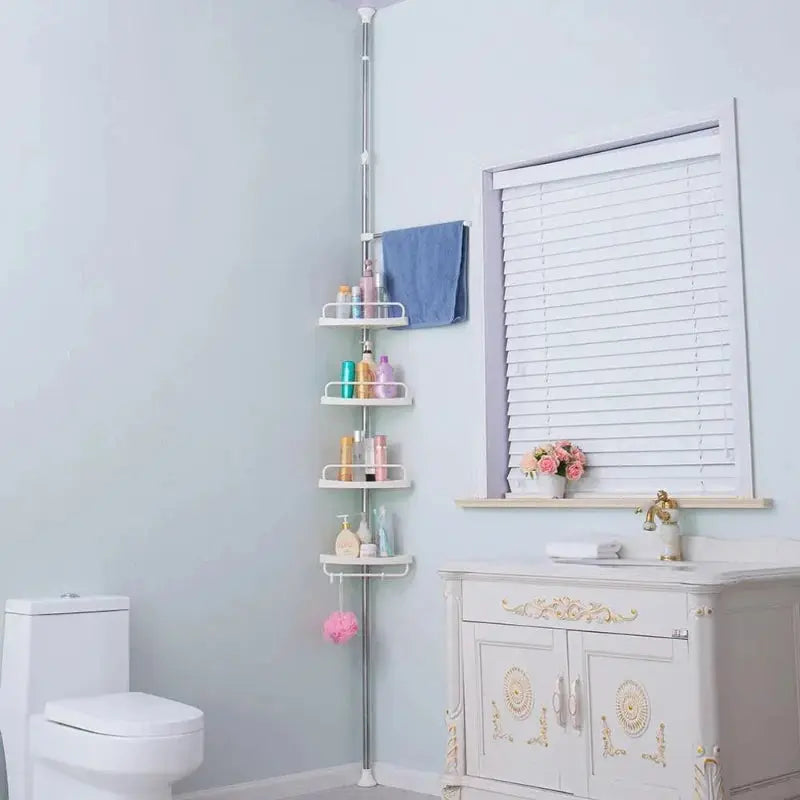 Bathroom Corner Rack - holding shampoo with Towel