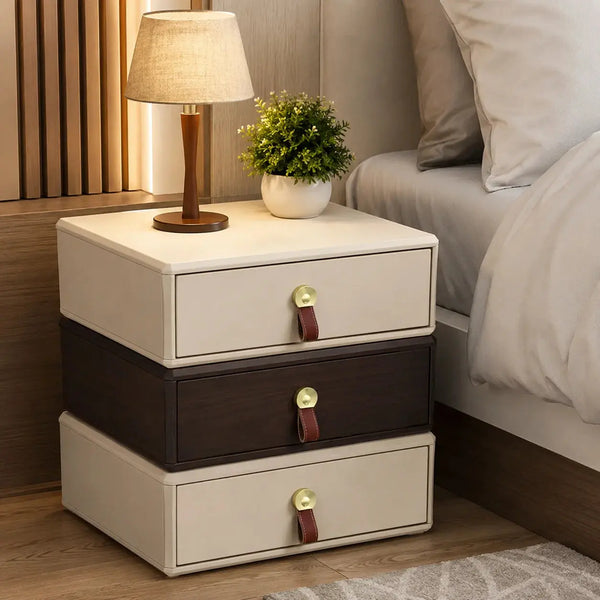 Beige Rotating Nightstand with 3 Drawers – Modern Solid Wood Bedside Table with Faux Leather Finish Scrollcart Qatar 