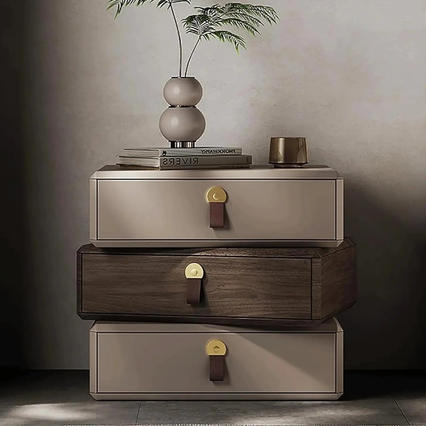 Beige Rotating Nightstand with 3 Drawers – Modern Solid Wood Bedside Table with Faux Leather Finish Scrollcart Qatar 