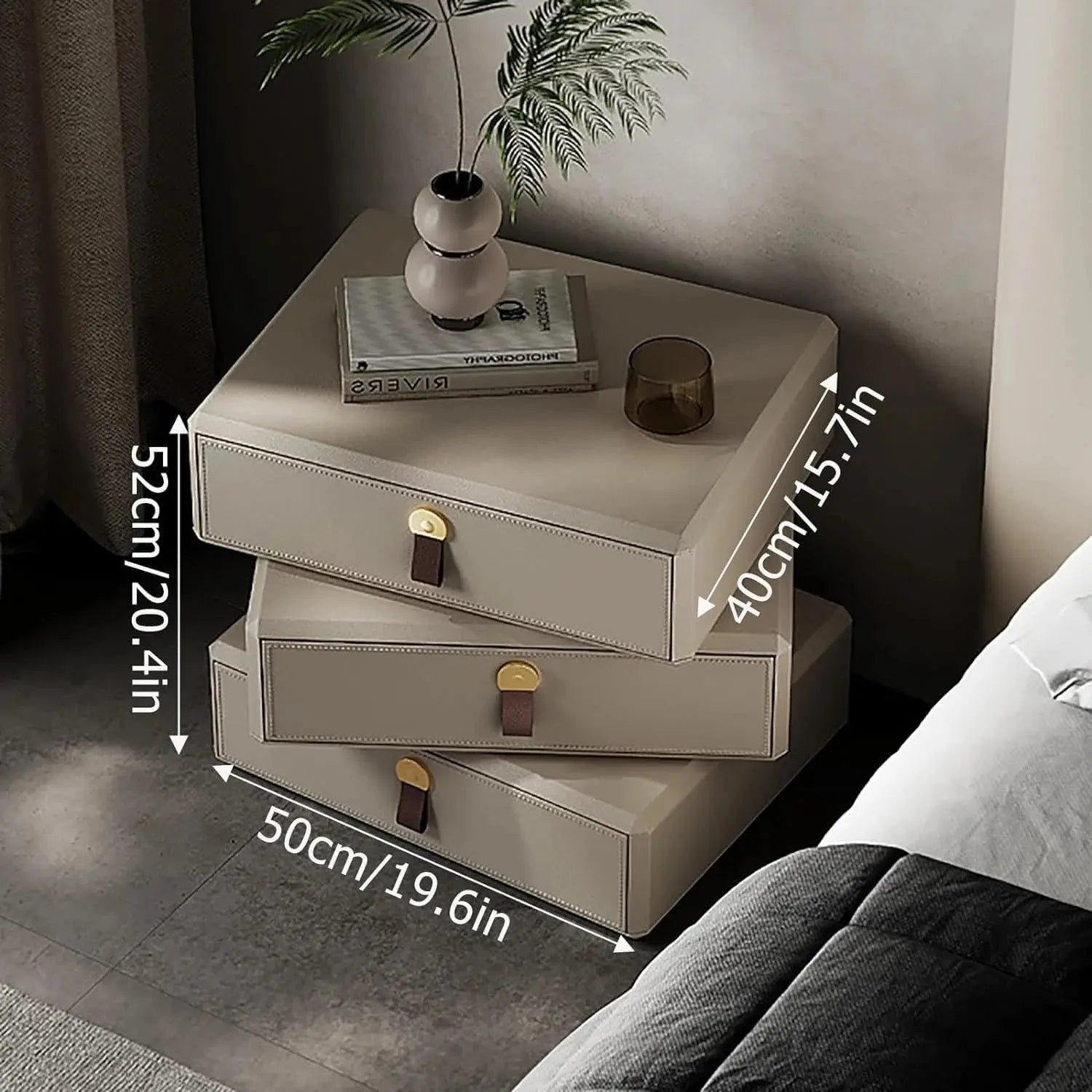 Beige Rotating Nightstand with 3 Drawers – Modern Solid Wood Bedside Table with Faux Leather Finish Scrollcart Qatar 