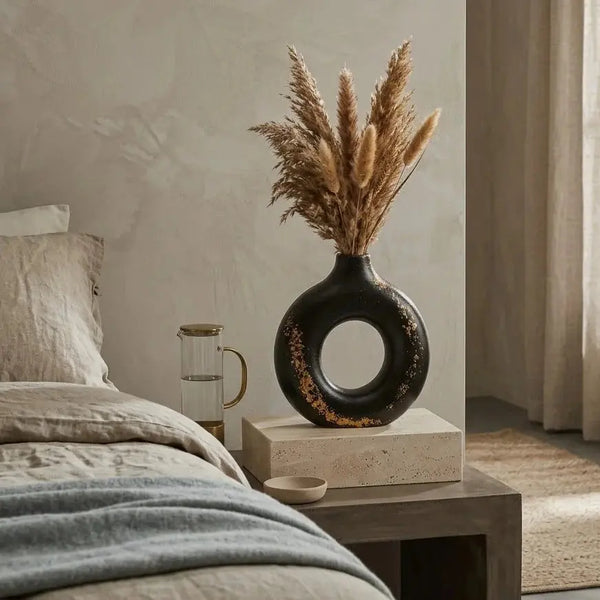 Black Ceramic Donut Vase – Minimalist Round Decorative Vase for Home Scrollcart Qatar 