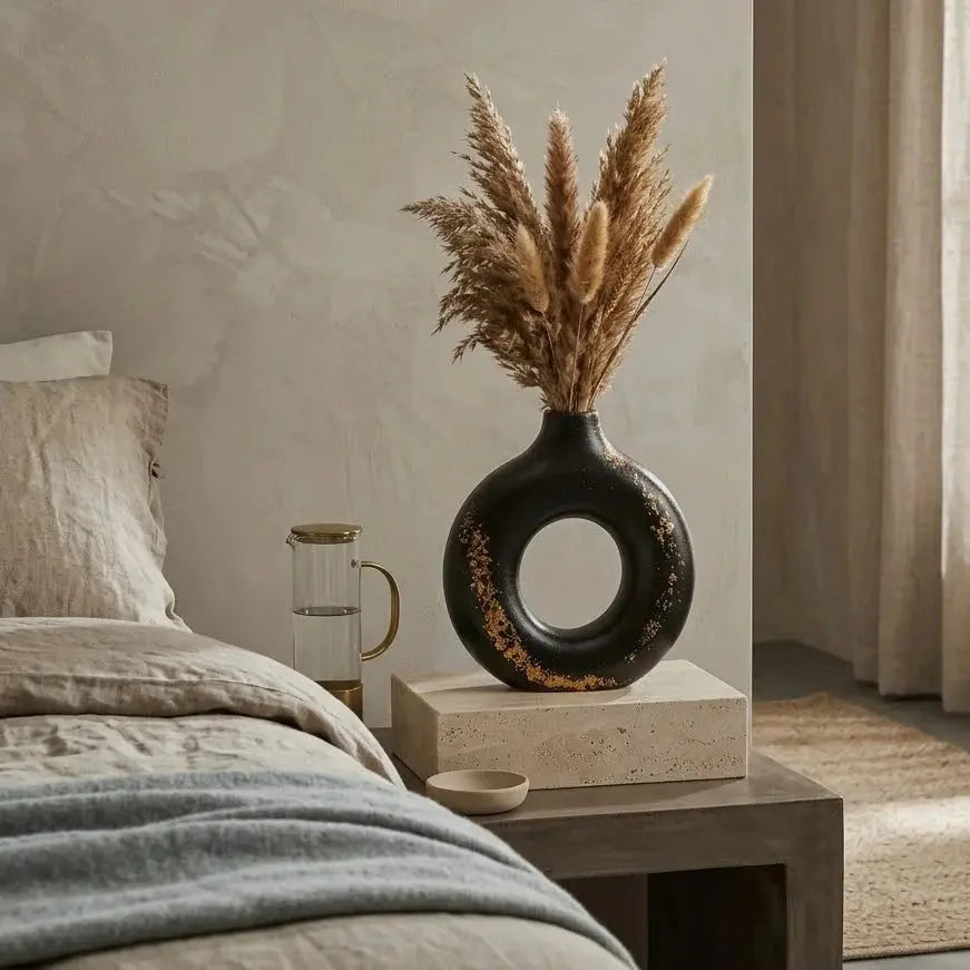 Black Ceramic Donut Vase – Minimalist Round Decorative Vase for Home Scrollcart Qatar 