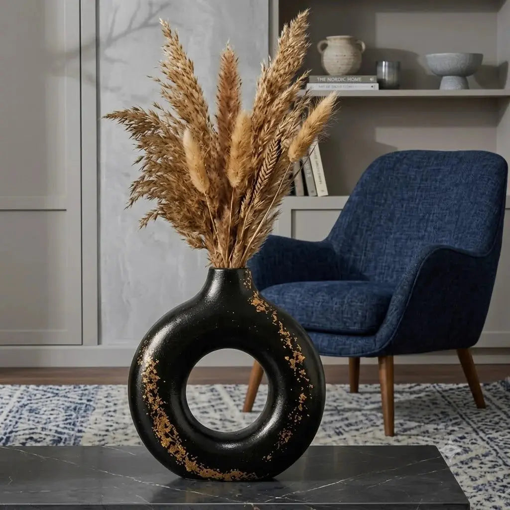 Black Ceramic Donut Vase – Minimalist Round Decorative Vase for Home Scrollcart Qatar 