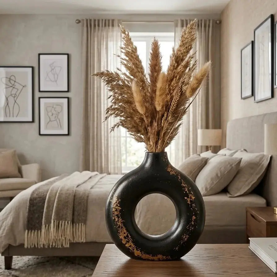 Black Ceramic Donut Vase – Minimalist Round Decorative Vase for Home Scrollcart Qatar 
