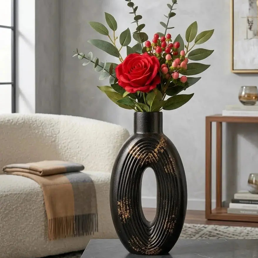 Black & Gold Ribbed Oval Hollow Ceramic Vase – Modern Cutout Decorative Vase Scrollcart Qatar 