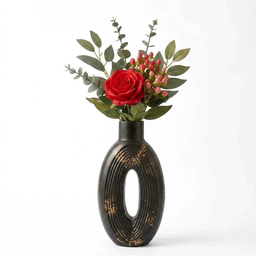 Black & Gold Ribbed Oval Hollow Ceramic Vase – Modern Cutout Decorative Vase Scrollcart Qatar 