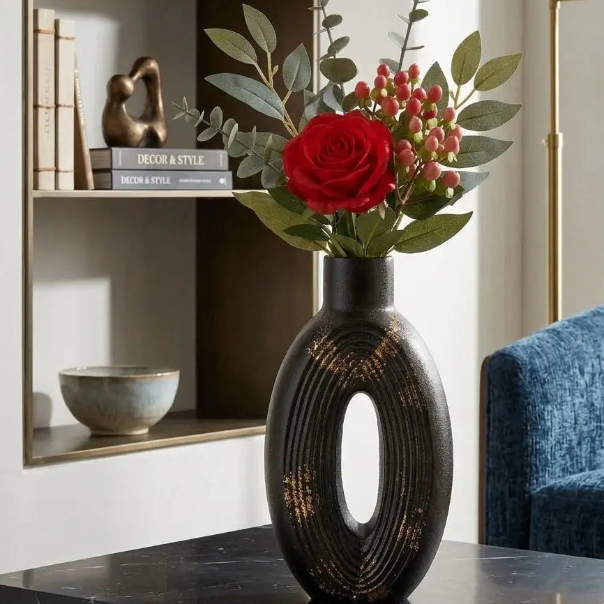 Black & Gold Ribbed Oval Hollow Ceramic Vase – Modern Cutout Decorative Vase Scrollcart Qatar 