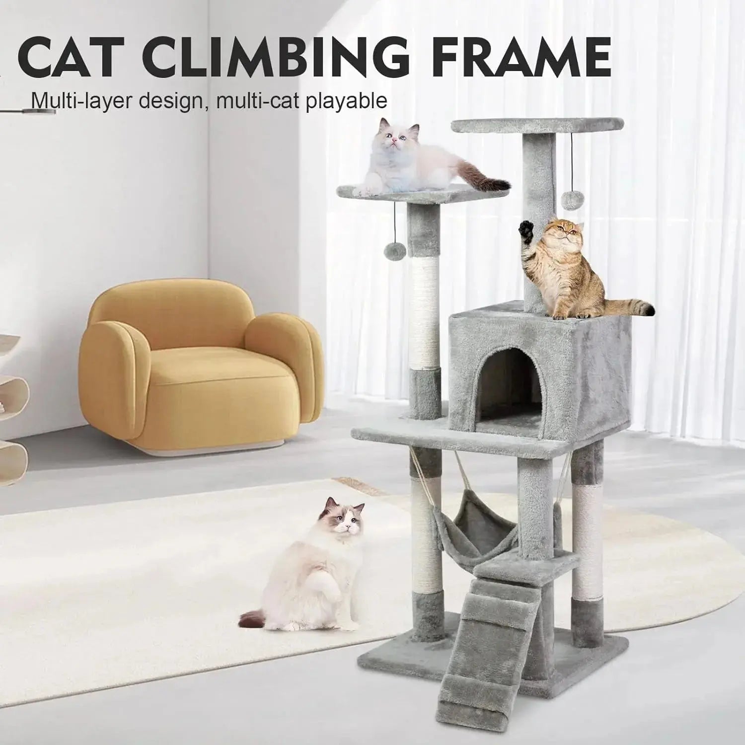 SKY-TOUCH Grey Cat Tree Tower with Sisal Scratching Posts and Hammock for Indoor Cats in Doha Qatar