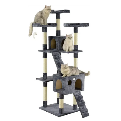 SKY-TOUCH Grey Cat Tree Tower with Sisal Scratching Posts and Hammock for Indoor Cats in Doha Qatar