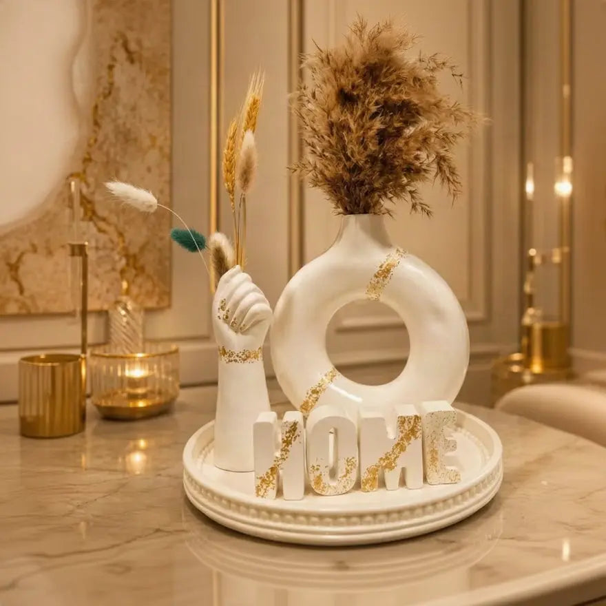 Ceramic Home Decor Set-White & Gold  | Modern Vase & Decorative Tray Scrollcart Qatar 