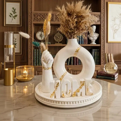 Ceramic Home Decor Set-White & Gold  | Modern Vase & Decorative Tray Scrollcart Qatar 