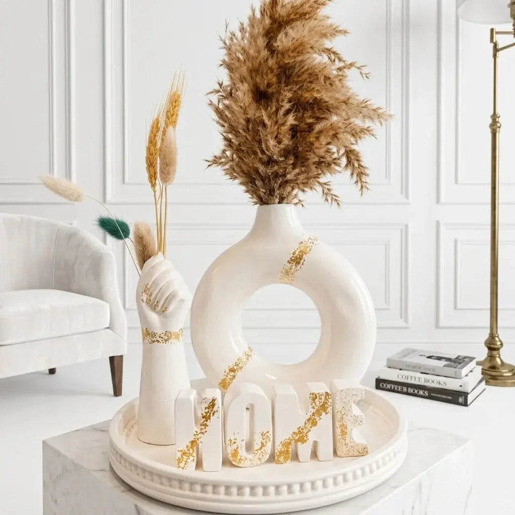 Ceramic Home Decor Set-White & Gold  | Modern Vase & Decorative Tray Scrollcart Qatar 