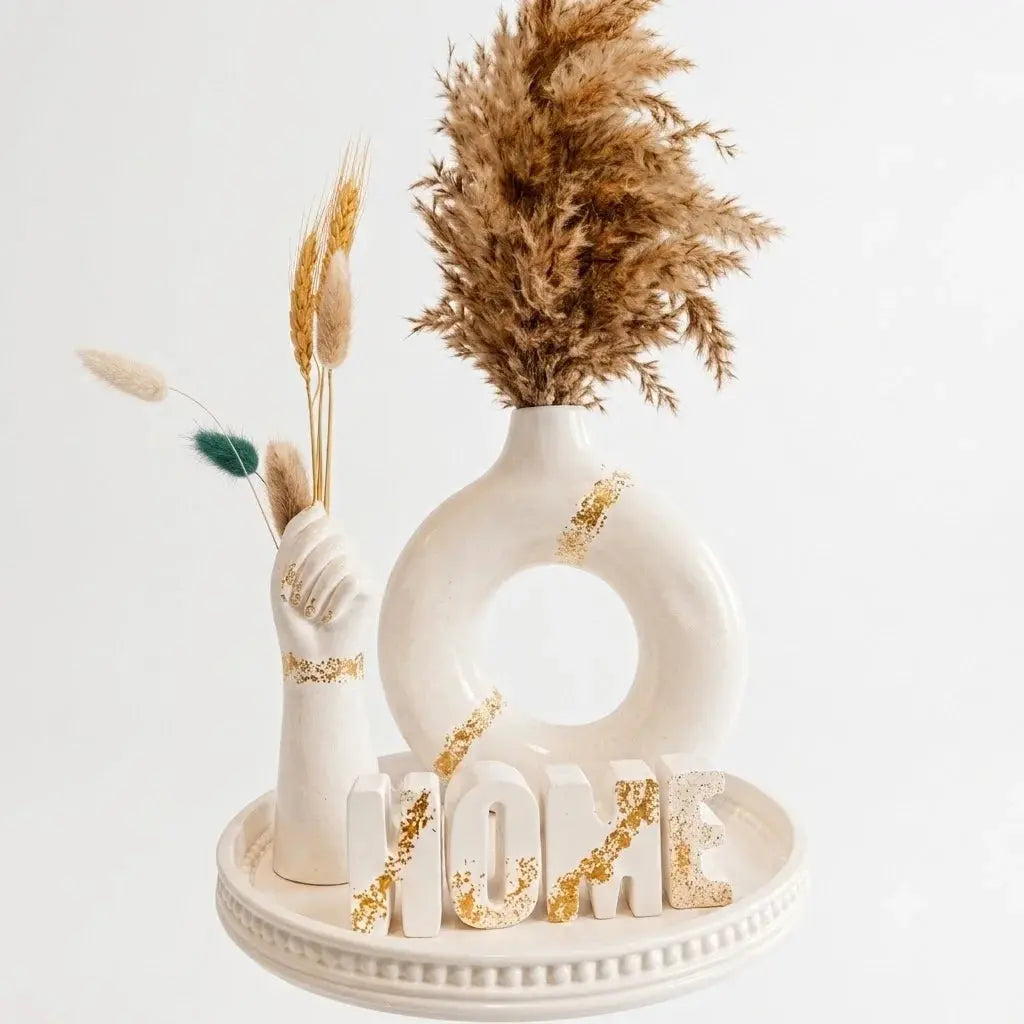 Ceramic Home Decor Set-White & Gold  | Modern Vase & Decorative Tray Scrollcart Qatar 