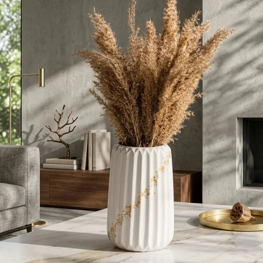 Ceramic Vase with Natural Dried Pampas Grass | White & Gold Modern Home Decor Scrollcart Qatar 