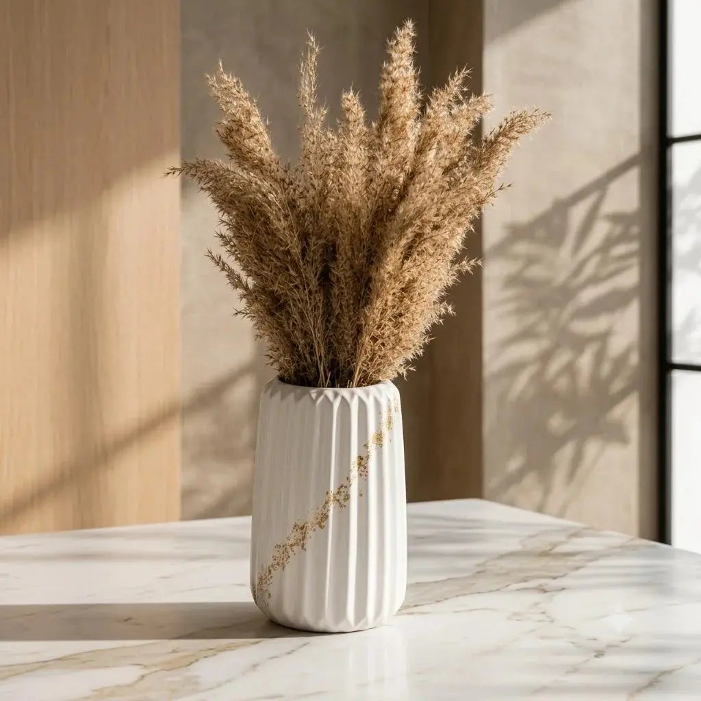 Ceramic Vase with Natural Dried Pampas Grass | White & Gold Modern Home Decor Scrollcart Qatar 