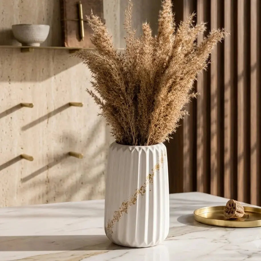 Ceramic Vase with Natural Dried Pampas Grass | White & Gold Modern Home Decor Scrollcart Qatar 