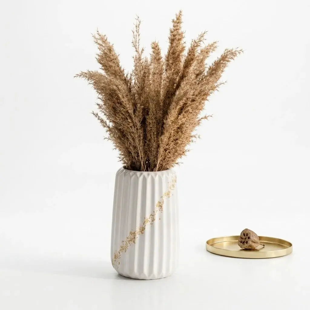 Ceramic Vase with Natural Dried Pampas Grass | White & Gold Modern Home Decor Scrollcart Qatar 
