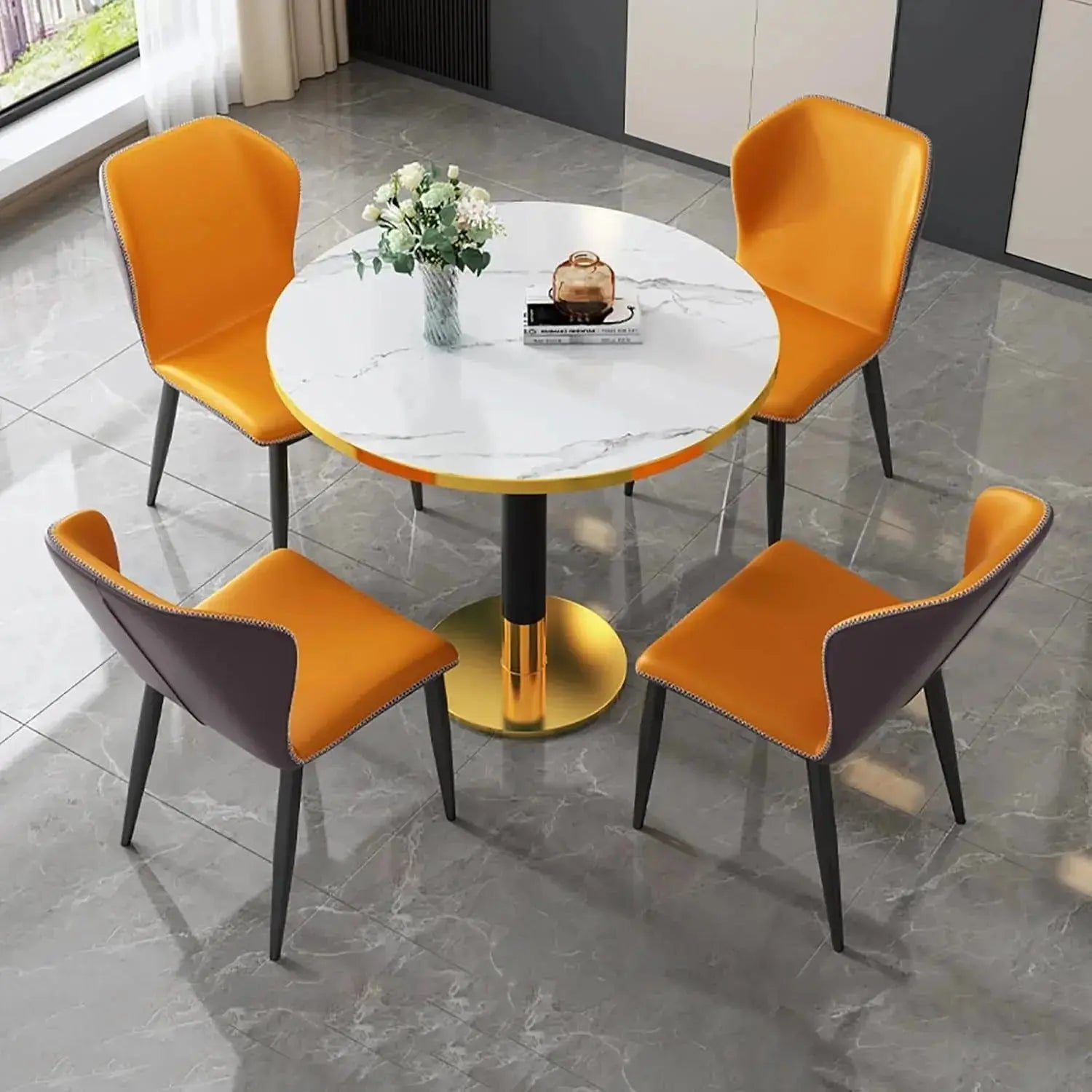 Modern Round Marble Dining Table Set – Dual-Tone Chairs Scrollcart Qatar 