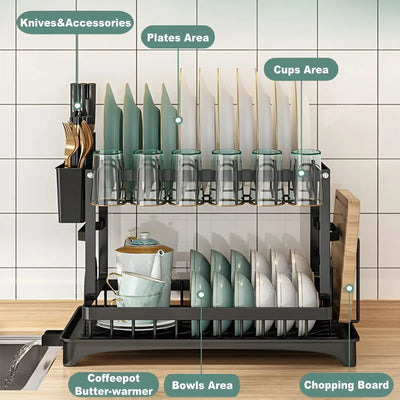 Double Layer Kitchen Countertop Dish Drying Rack with Cutlery Holder, Cup Rack & Drainboard – Carbon Steel & Plastic Scrollcart Qatar 