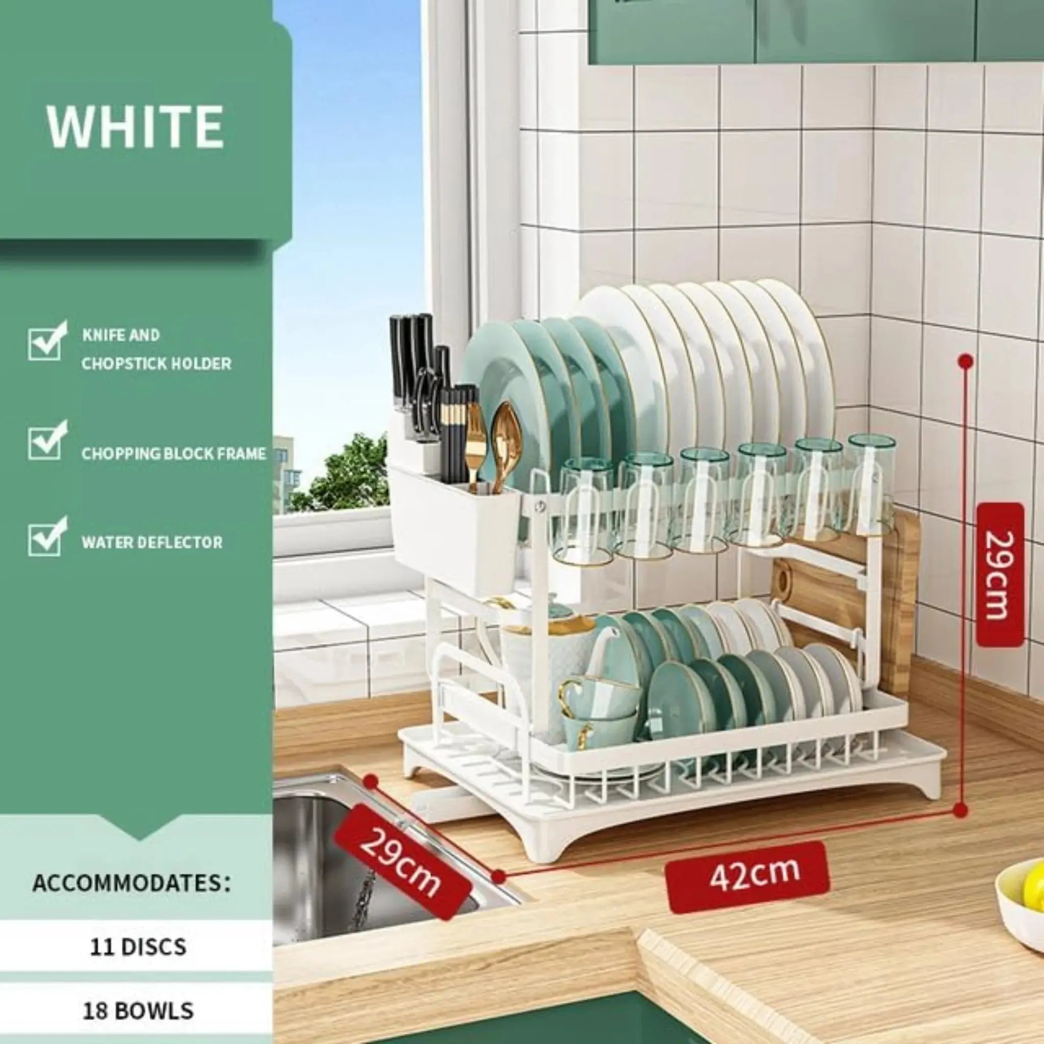 Double Layer Kitchen Countertop Dish Drying Rack with Cutlery Holder, Cup Rack & Drainboard – Carbon Steel & Plastic Scrollcart Qatar 