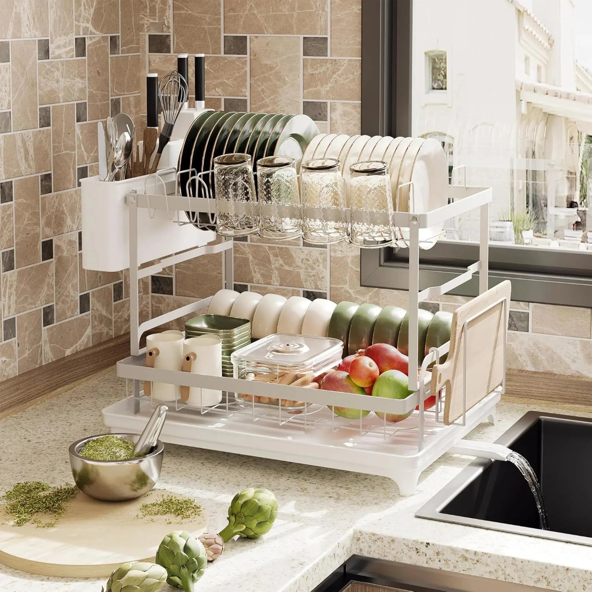 Double Layer Kitchen Countertop Dish Drying Rack with Cutlery Holder, Cup Rack & Drainboard – Carbon Steel & Plastic Scrollcart Qatar 