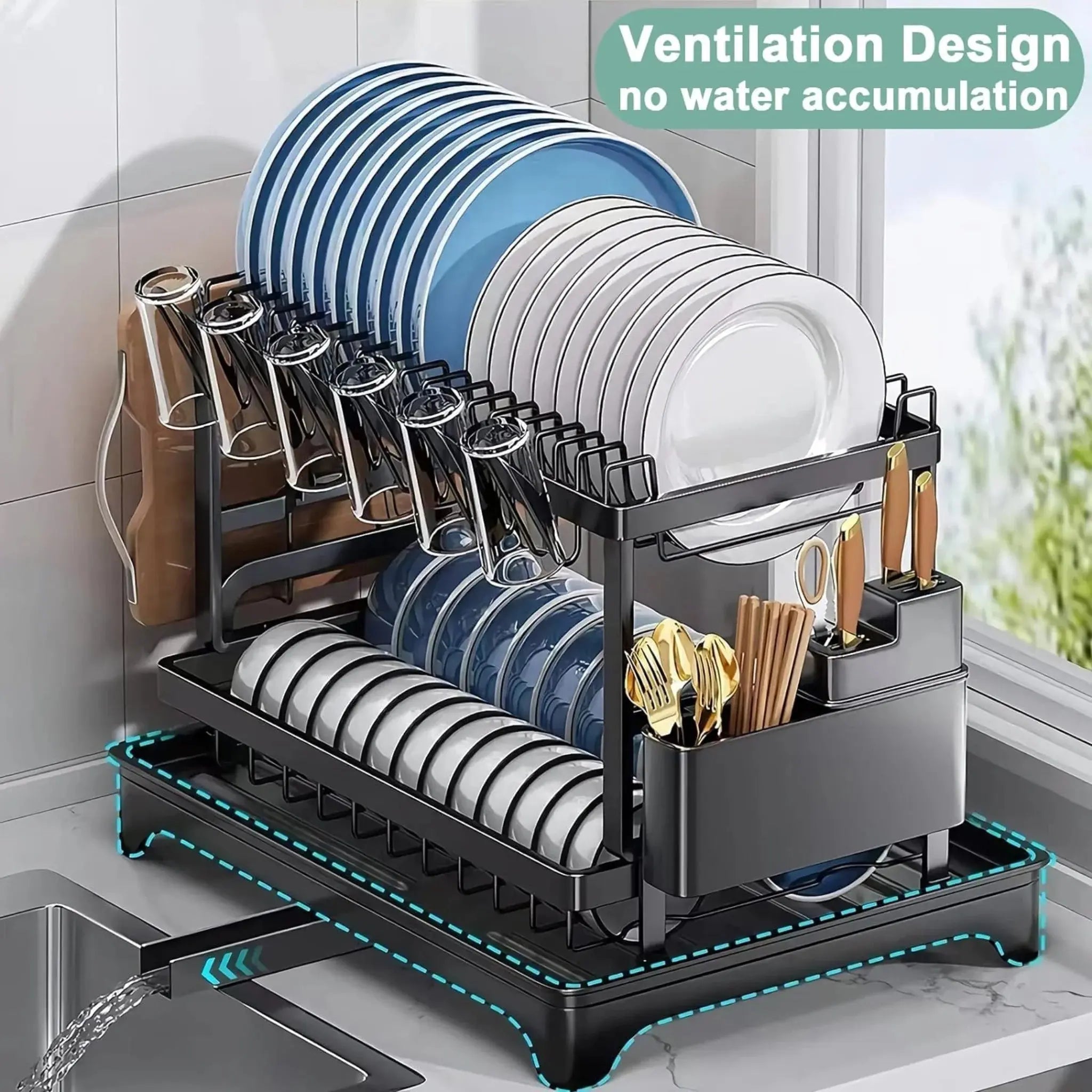 Double Layer Kitchen Countertop Dish Drying Rack with Cutlery Holder, Cup Rack & Drainboard – Carbon Steel & Plastic Scrollcart Qatar 