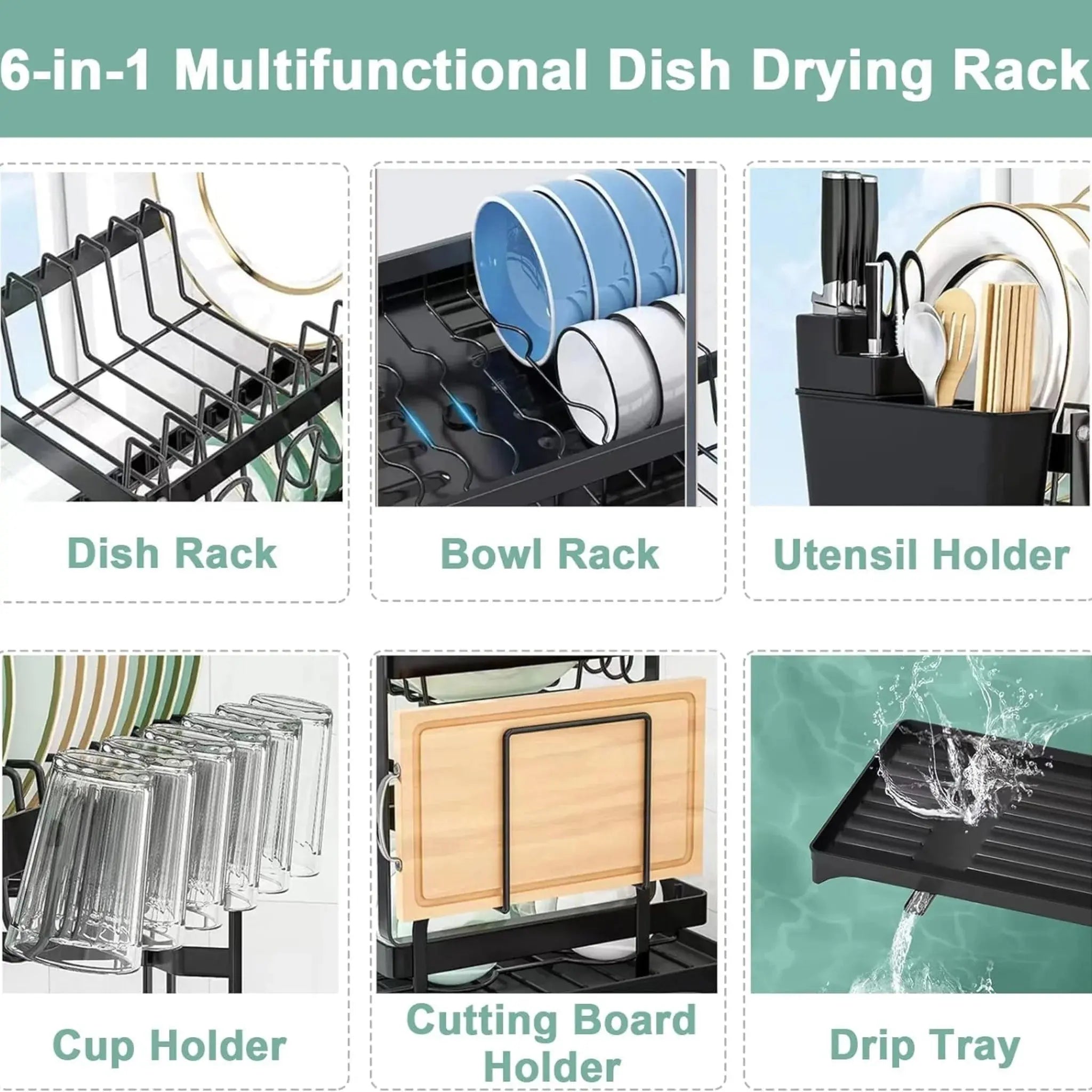 Double Layer Kitchen Countertop Dish Drying Rack with Cutlery Holder, Cup Rack & Drainboard – Carbon Steel & Plastic Scrollcart Qatar 