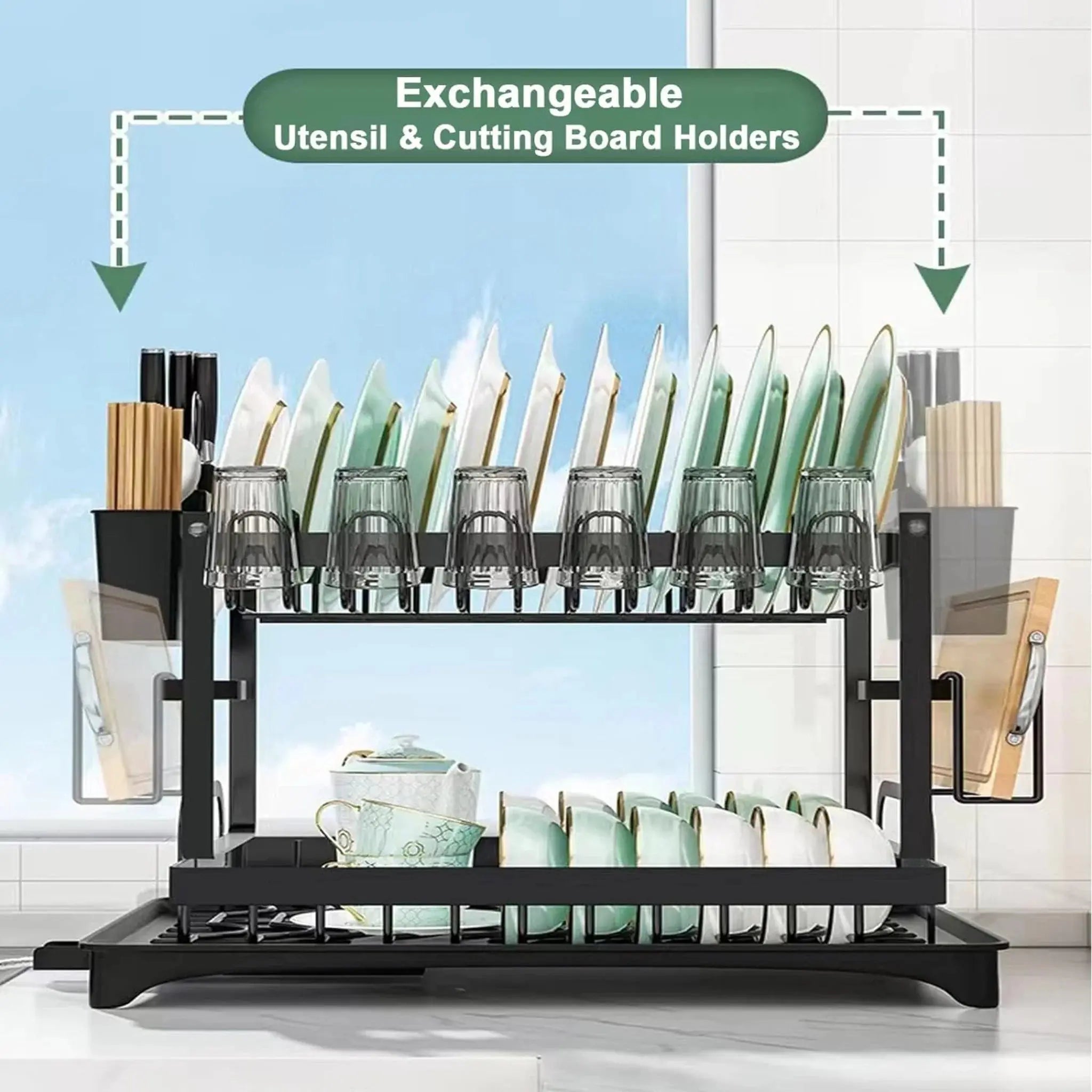 Double Layer Kitchen Countertop Dish Drying Rack with Cutlery Holder, Cup Rack & Drainboard – Carbon Steel & Plastic Scrollcart Qatar 
