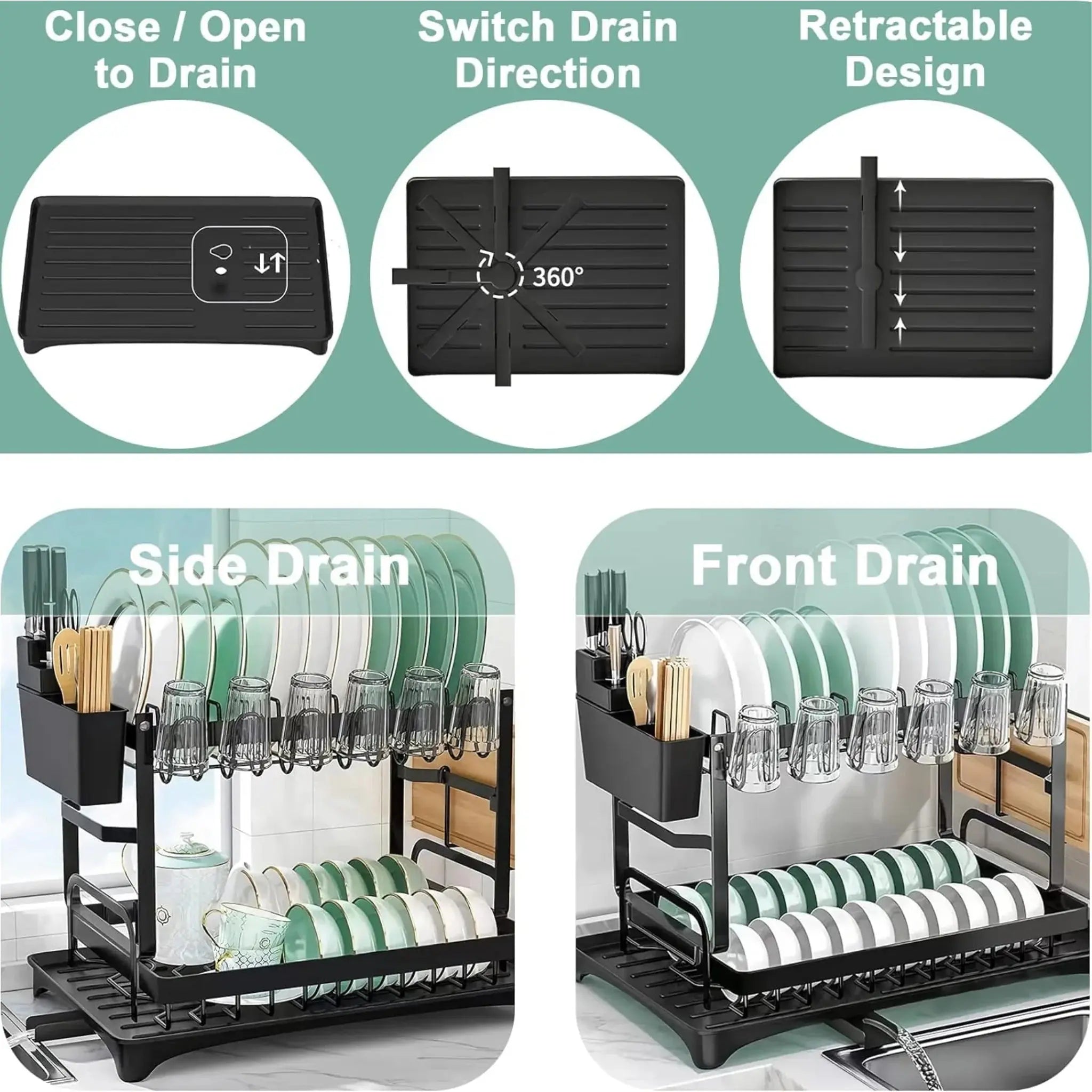 Double Layer Kitchen Countertop Dish Drying Rack with Cutlery Holder, Cup Rack & Drainboard – Carbon Steel & Plastic Scrollcart Qatar 