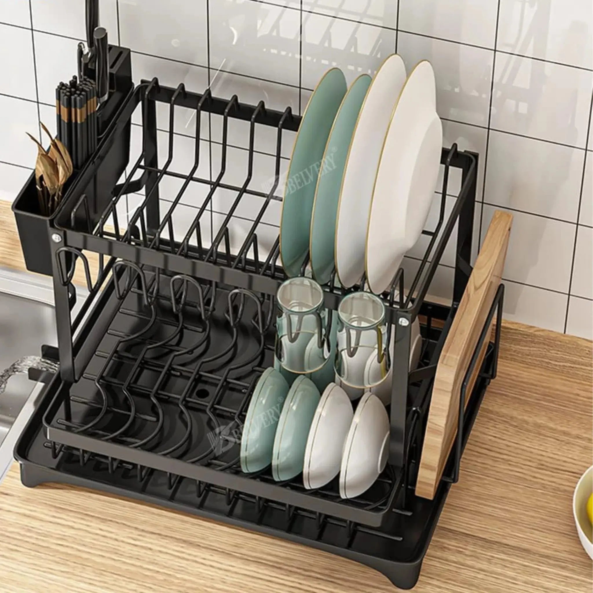 Double Layer Kitchen Countertop Dish Drying Rack with Cutlery Holder, Cup Rack & Drainboard – Carbon Steel & Plastic Scrollcart Qatar 