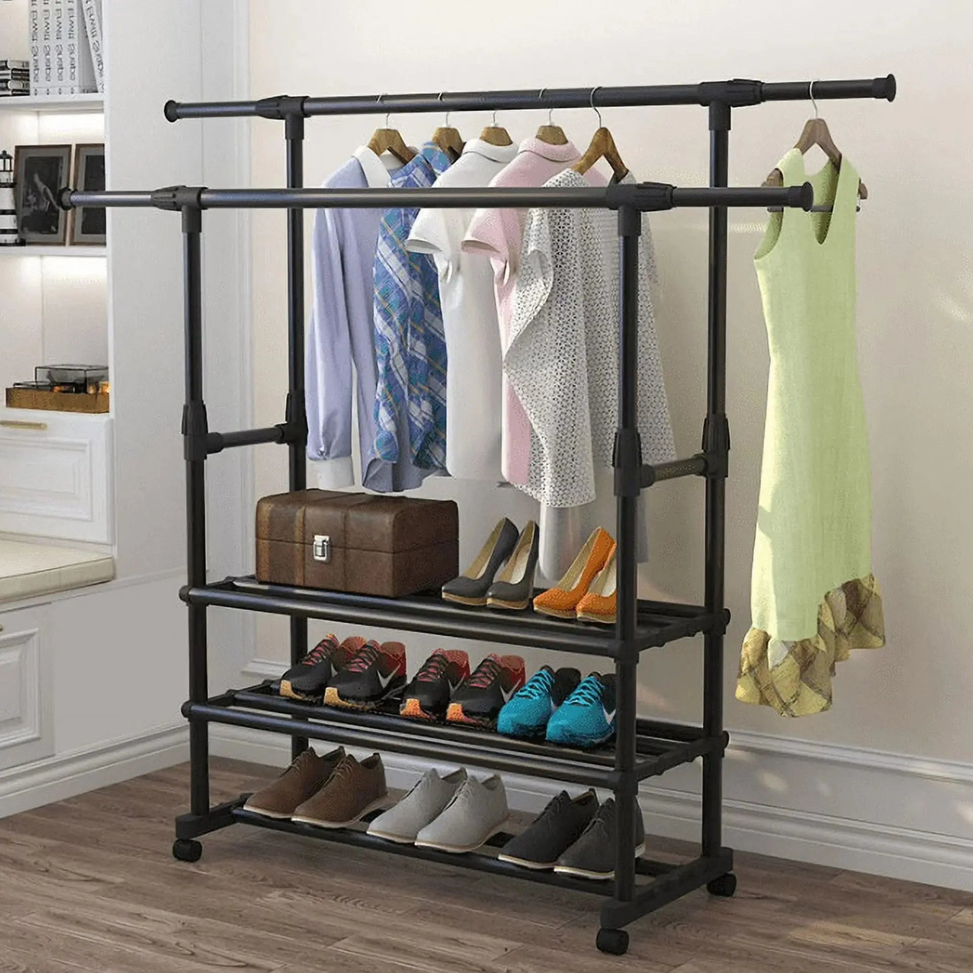 Double Rod Clothes Rack with Wheels Scrollcart Qatar