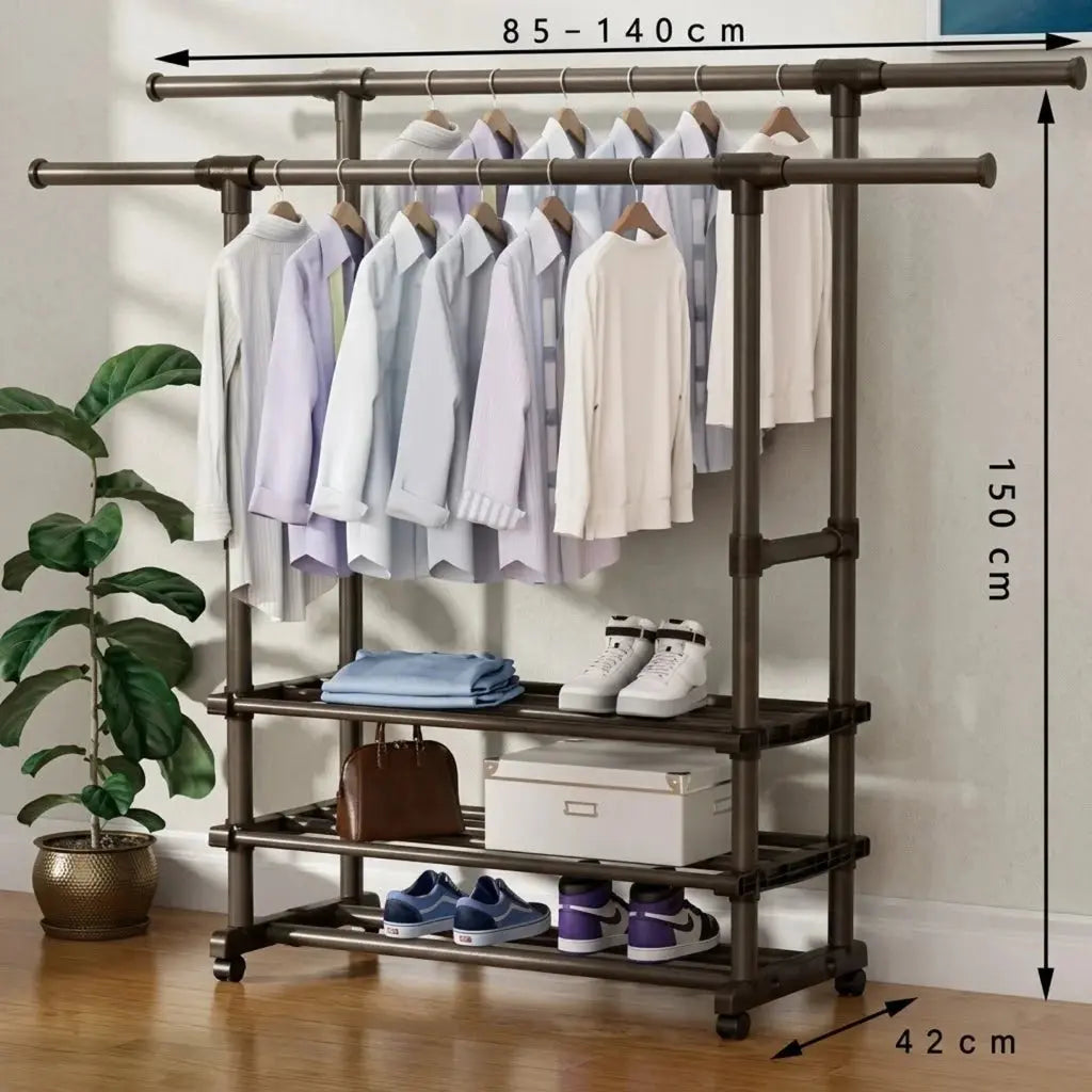 Double Rod Clothes Rack with Wheels Scrollcart Qatar