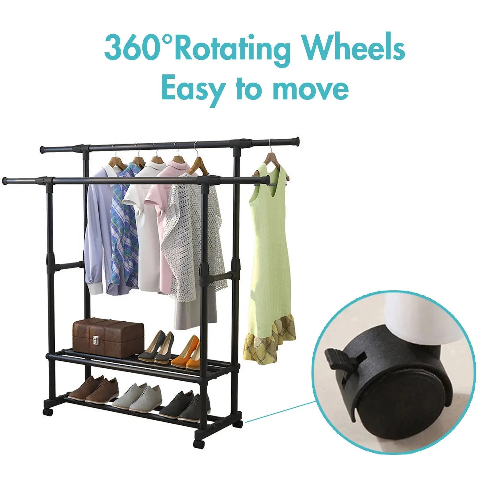 Double Rod Clothes Rack with Wheels Scrollcart Qatar