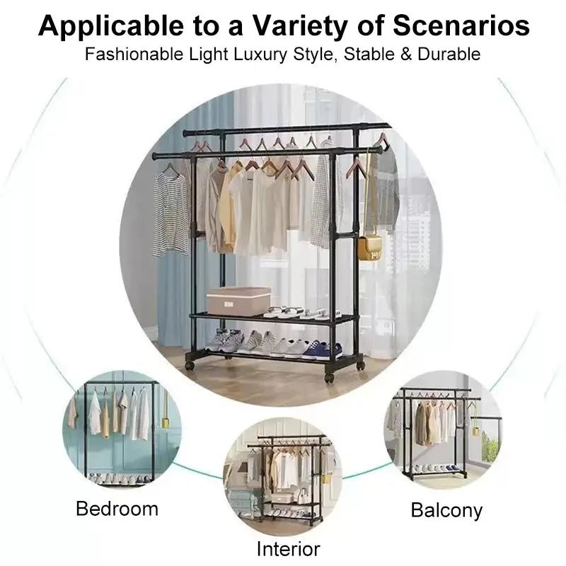 Double Rod Clothes Rack with Wheels Scrollcart Qatar