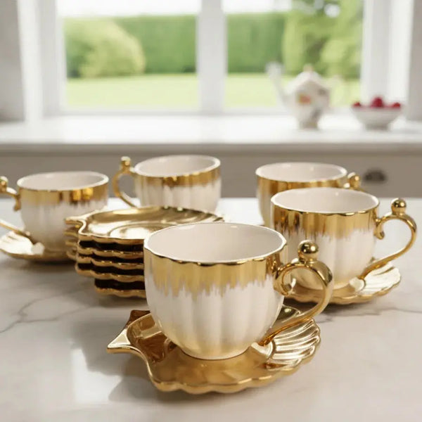 Luxury White & Gold Cup Set with Fan-Shaped Plates Qatar