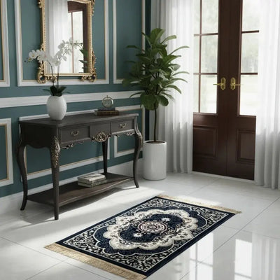 entrance floor mat with navy Persian pattern at home doorway doha qatar