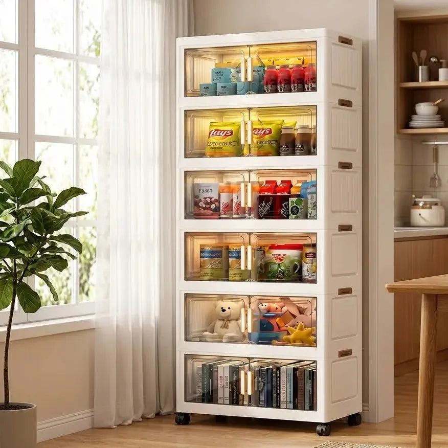 Foldable Multilayer Plastic Storage Cabinet-Transparent Doors, Wheels & Gold-Tone Handles Scrollcart Qatar 
