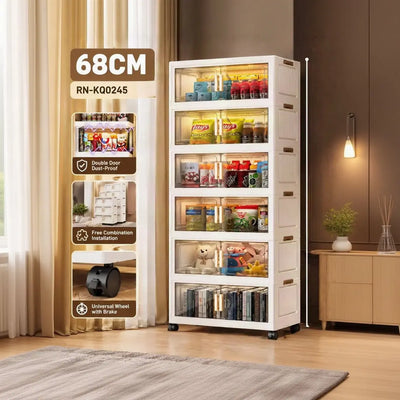 Foldable Multilayer Plastic Storage Cabinet-Transparent Doors, Wheels & Gold-Tone Handles Scrollcart Qatar 