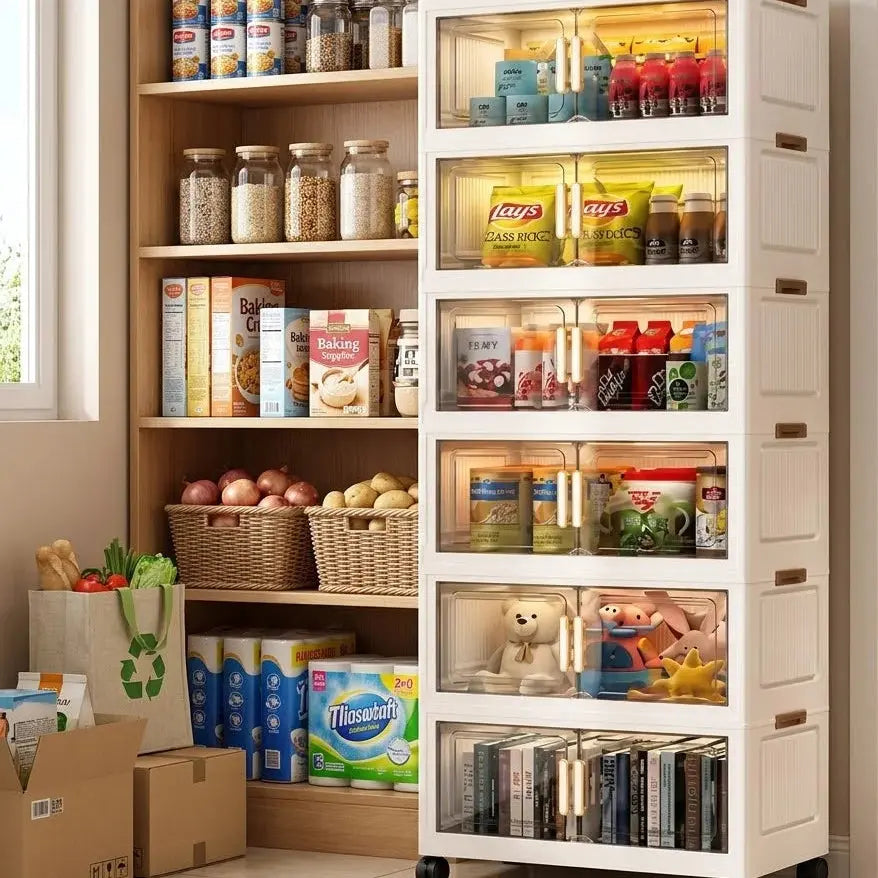 Foldable Multilayer Plastic Storage Cabinet-Transparent Doors, Wheels & Gold-Tone Handles Scrollcart Qatar 