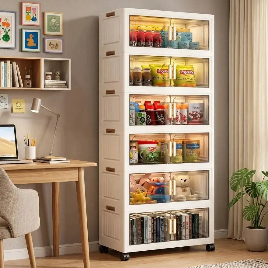 Foldable Multilayer Plastic Storage Cabinet-Transparent Doors, Wheels & Gold-Tone Handles Scrollcart Qatar 