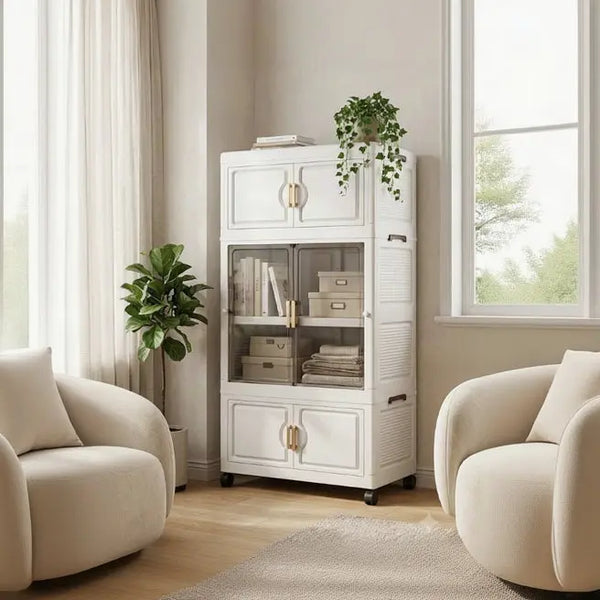 Foldable Multilayer Plastic Storage Cabinet – Transparent Doors, Wheels & Gold-Tone Handles Scrollcart Qatar 