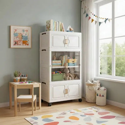 Foldable Multilayer Plastic Storage Cabinet – Transparent Doors, Wheels & Gold-Tone Handles Scrollcart Qatar 