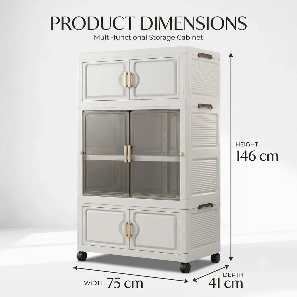 Foldable Multilayer Plastic Storage Cabinet – Transparent Doors, Wheels & Gold-Tone Handles Scrollcart Qatar 