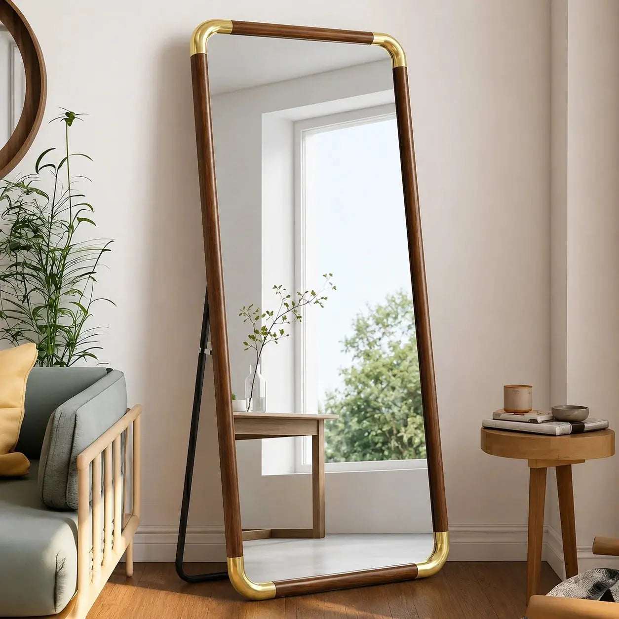 Full Length Floor Mirror with Stand 70×170cm | Brown Frame with Golden Corners Scrollcart Qatar 