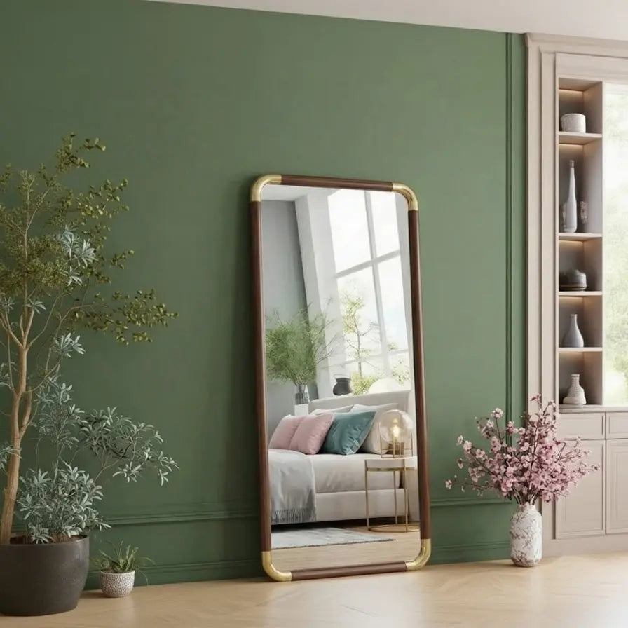 Full Length Floor Mirror with Stand 70×170cm | Brown Frame with Golden Corners Scrollcart Qatar 