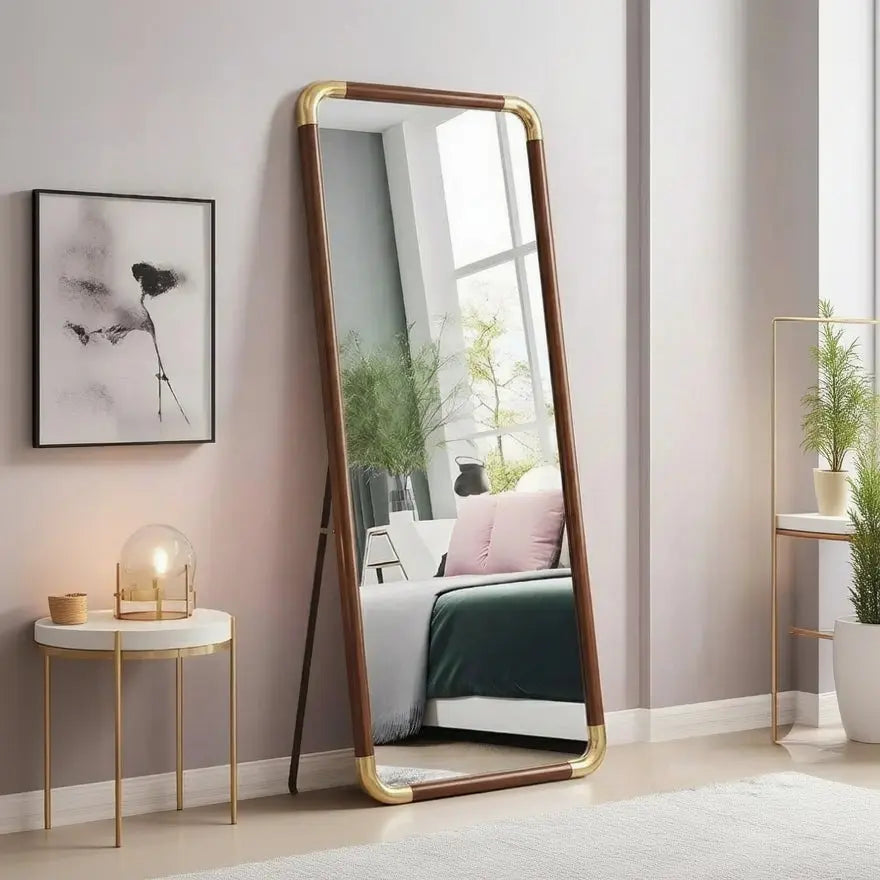 Full Length Floor Mirror with Stand 70×170cm | Brown Frame with Golden Corners Scrollcart Qatar 